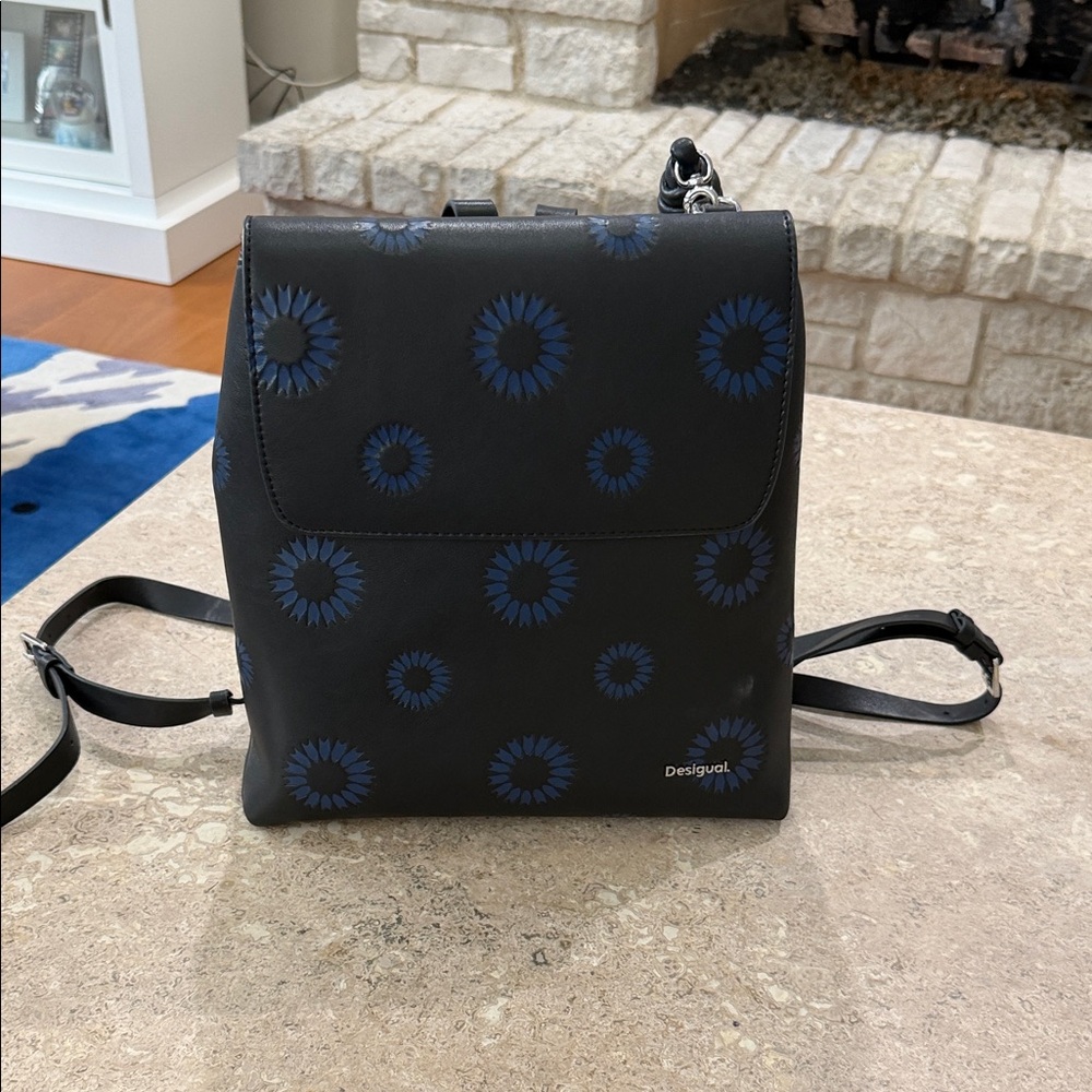 Desigual Black Backpack with Blue Floral Accents